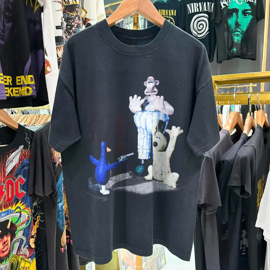 1993 WALLACE AND GROMIT 'THE WRONG TROUSERS' PROMO RARE WASHED BLACK T-SHIRT